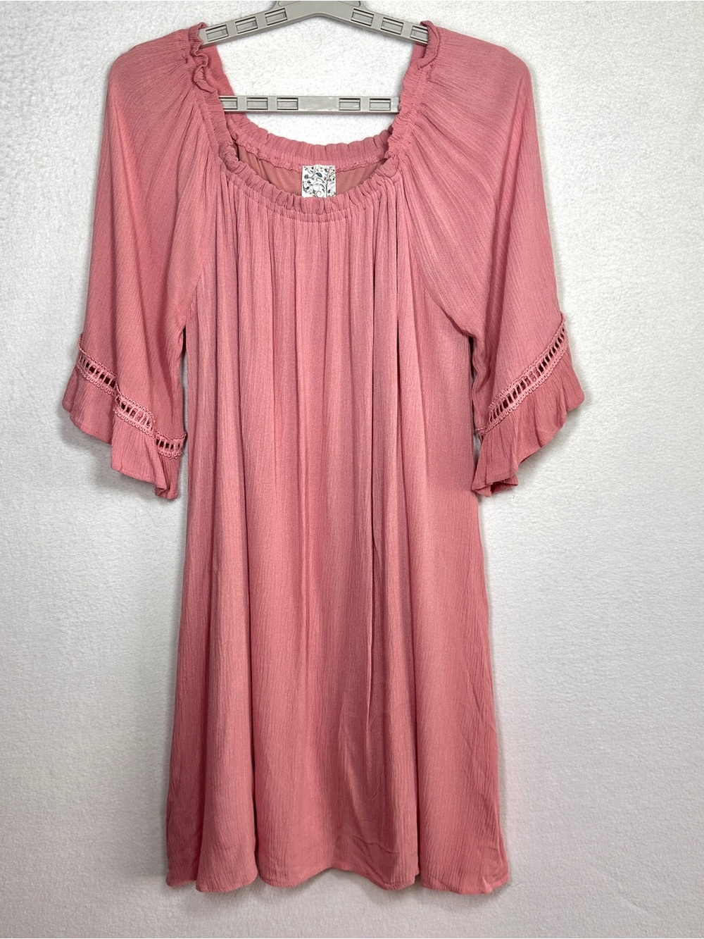 Naif Petite Mini Dress PL Rose Pink Scoop Neck Lined Crochet Bell Sleeves